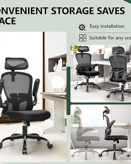 FelixKing Office Chair Ergonomic Desk Chair with Headrest, High Back Computer Chair with Adjustable Lumbar Support and Wheels,Executive Swivel Comfy Chair with flip-up Armrests for Home Office - LeafyLoom