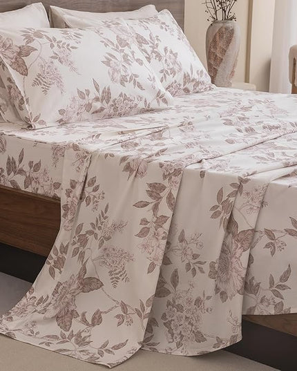 QSH Floral Egyptian Cotton Sheets King Size - Flower Bedding Sheets Botanical Pattern Printed Bedding King Size Bed Sheets 17.5" Extra Deep Pocket 4pcs - LeafyLoom