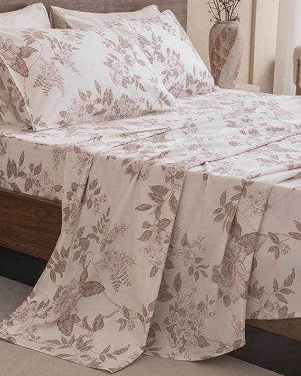 QSH Floral Egyptian Cotton Sheets Queen Size - Elegant Botanical Flower Pattern Printed Bedding Sheets Queen Size Bed Extra Soft and Breathable 4pcs Deep Pockets Bed Sheets - LeafyLoom