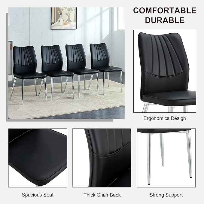 NicBex Dining Chairs Set of 4 Modern Faux Leather High Back Dining Chair Dining Room Kitchen Chairs with Silver Metal Legs,Chairs for Dining Room, Kitchen,Living Room, and Restaurants,Black - LeafyLoom