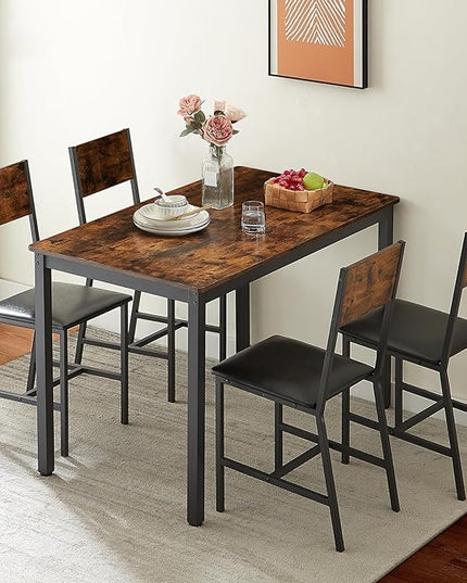 4 Chairs Dining Table Set for 4-8, Modern Space Saving Kitchen Desk, Wooden Industrial Style Farmhouse, 47", Leather Black Brown - LeafyLoom