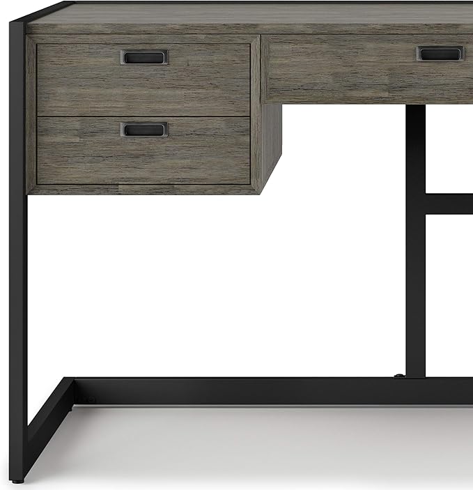 SIMPLIHOME Hampden SOLID ACACIA WOOD Modern Industrial 60 Inch Wide Desk in Weathered Grey, For the Office Desk, Writing Table, Workstation and Study Table - LeafyLoom