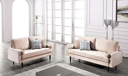 Womble Velvet Upholstered Living Room Diamond Tufted Chesterfield Sofa with Gleaming Nailheads, Beige - LeafyLoom