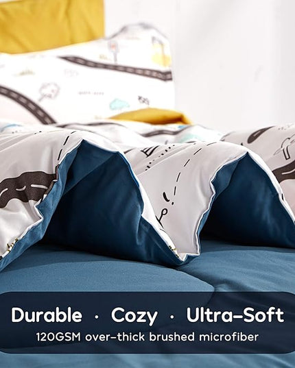 SLEEP ZONE Kids Bedding Comforter Set Full/Queen Size - Super Cute & Soft Kids Bedding 7 Pieces Set with Comforter, Sheet, Pillowcase & Sham (Car Road) - LeafyLoom