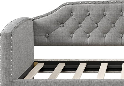 Merax Twin Size Upholstered Daybed with Trundle Bed, Linen Fabric Tufted Wooden Sofa Bed Frame for Living Room, Guest Room, Bedroom, Grey - LeafyLoom