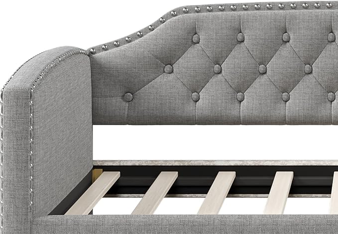 Merax Twin Size Upholstered Daybed with Trundle Bed, Linen Fabric Tufted Wooden Sofa Bed Frame for Living Room, Guest Room, Bedroom, Grey - LeafyLoom