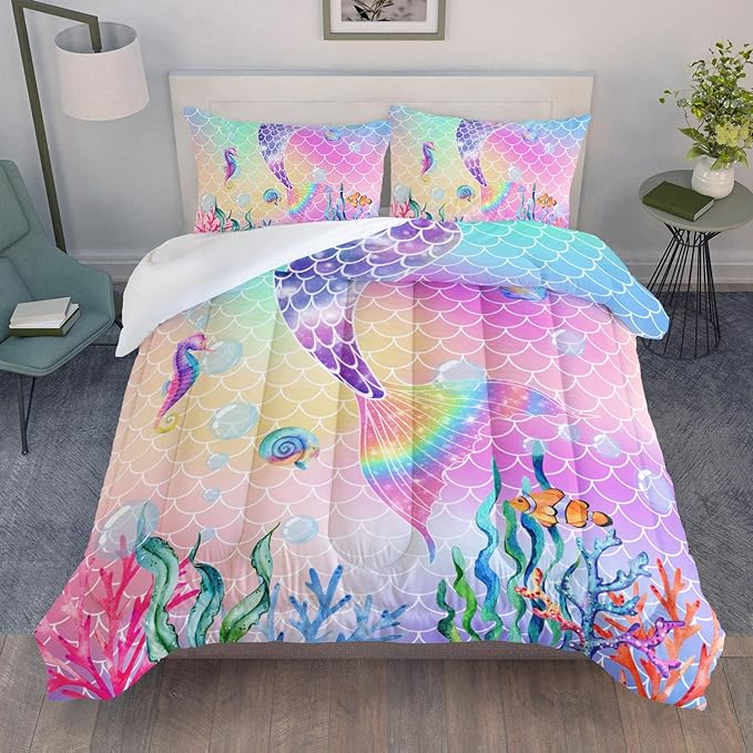 Bedding Comforter Set Rainbow Pink Mermaid Tail Printed Pattern Quilt with 1 and 2 Pillowcases for Girls Bedroom All Season(Rainbow Twin) Twin 68x86inches - LeafyLoom
