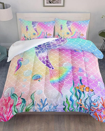 Datura home Bedding Comforter Set Rainbow Pink Mermaid Tail Printed Pattern Quilt with 1 and 2 Pillowcases for Girls Bedroom All Season(Rainbow Full) Full 80x90inches - LeafyLoom