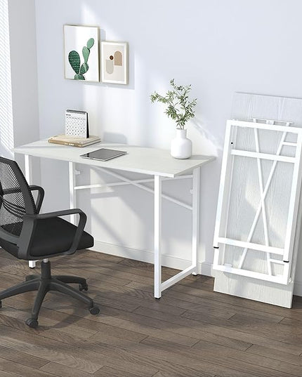 Folding Desk 47 inch No Assembly Required Home Office Table, Writing Gaming Computer Camping Desk, White - LeafyLoom