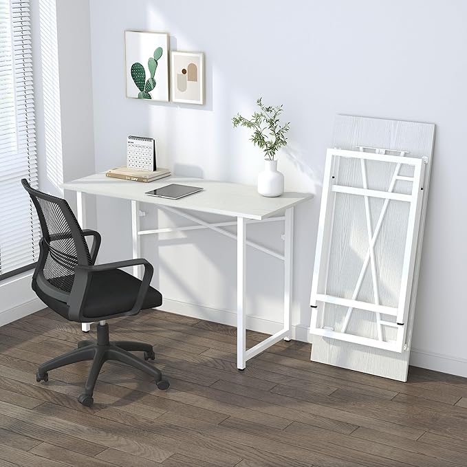 Folding Desk 47 inch No Assembly Required Home Office Table, Writing Gaming Computer Camping Desk, White - LeafyLoom