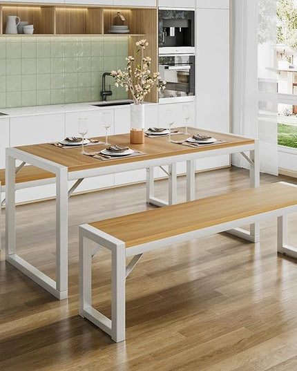 SHA CERLIN 3-Piece Dining Table Set with 2 Benches, Rustic Kitchen Table Set for 4-6, Space-Saving Dinette, Sturdy Structure, Easy Assemble, Maple/White - LeafyLoom