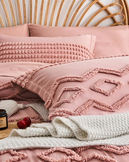 KAKIJUMN Blush Pink Tufted Comforter Set King Size 7 Piece Bed in a Bag, Shabby Chic Boho Comforter and Sheet Set, All Season Soft Microfiber Complete Bedding Set(Pink,King) - LeafyLoom
