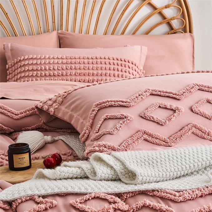 KAKIJUMN Blush Pink Tufted Comforter Set King Size 7 Piece Bed in a Bag, Shabby Chic Boho Comforter and Sheet Set, All Season Soft Microfiber Complete Bedding Set(Pink,King) - LeafyLoom