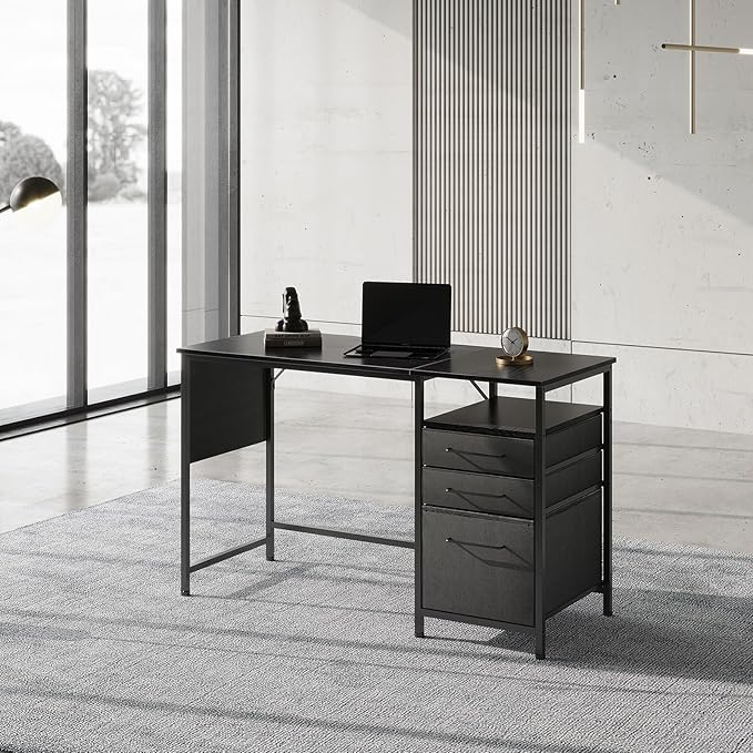 Ｍａｉｈａｉｌ Maihail Small Desk with Drawers, 47 inch Computer Desk with Shelves, Writing Desk with Storage, Small Office Desk with Metal Frame, Black - LeafyLoom