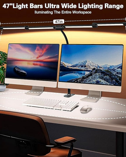 LED Desk Lamp for Home Office, 24W Bright Office Desk Lamp with Desktop Dimmer, 46" Multi-screen Computer Monitor Architect Clamp Desk Light, Color and Dimming LED Table Light for Work Study - LeafyLoom