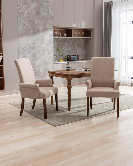 Dining Room Chairs with Arms,Tufted Upholstered High Back Nailed Trim with Untique Oak Wood Legs for Kitchen Restaurant Room Bedroom (Ivory Brown, SingleA) - LeafyLoom