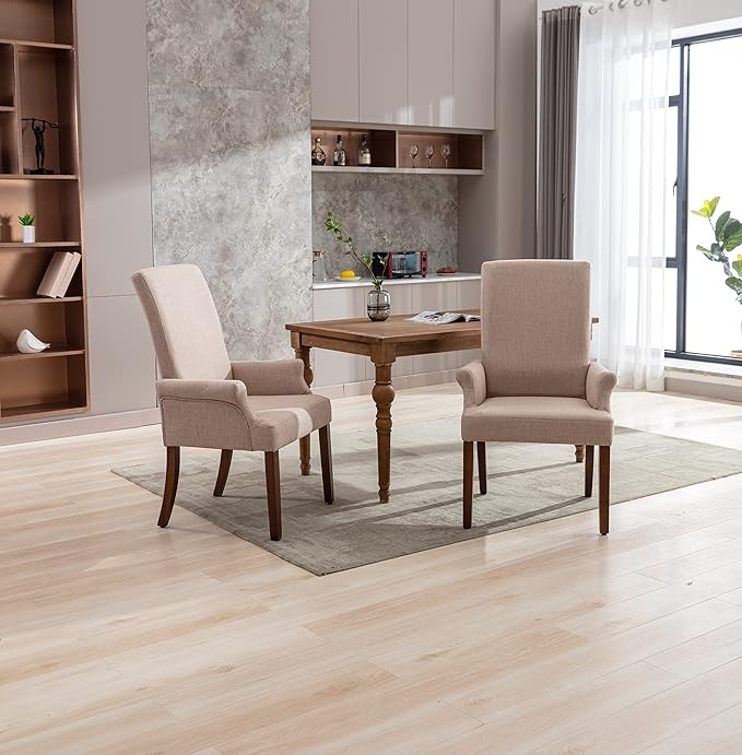 Dining Room Chairs with Arms,Tufted Upholstered High Back Nailed Trim with Untique Oak Wood Legs for Kitchen Restaurant Room Bedroom (Ivory Brown, SingleA) - LeafyLoom
