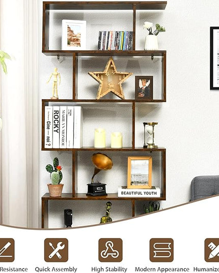 BETTARY 6-Tier Bookshelf, Freestanding S-Shaped Geometric Display Shelf, Modern Tall Bookcase for Home Office, Living Room, Bedroom, Coffee - LeafyLoom