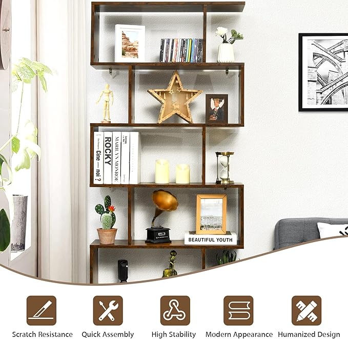 BETTARY 6-Tier Bookshelf, Freestanding S-Shaped Geometric Display Shelf, Modern Tall Bookcase for Home Office, Living Room, Bedroom, Coffee - LeafyLoom