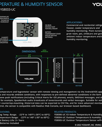 Smart Temperature Humidity Sensor Works w/Alexa IFTTT, 1/4 Mile Super Long Range Wireless Digital Hygrometer Indoor Thermometer Humidity Meter Temperature Humidity Monitor Sensor -YoLink Hub Required YoLink