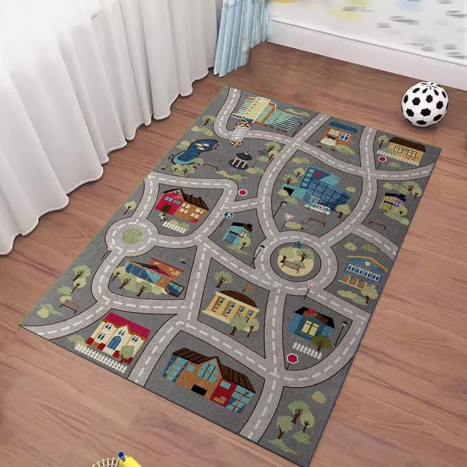 Analog ABC Kids Rug Playroom Car Rug Play Mat City Life Road Rug for Cars Fun City Map for Carpet for Bedroom Boys (63 * 94 inches, Night Township) - LeafyLoom