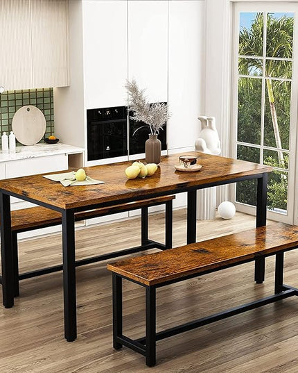DKLGG 3-Pieces Dining Table Set with 2 Benches, Dining Table Set for 4, Wood Kitchen Table and Chairs Sets w/Metal Frame, Dining Sets for Small Spaces Kitchen Dining Room Restaurants (Rustic Brown) - LeafyLoom