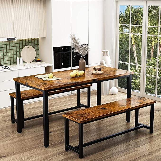 DKLGG 3-Pieces Dining Table Set with 2 Benches, Dining Table Set for 4, Wood Kitchen Table and Chairs Sets w/Metal Frame, Dining Sets for Small Spaces Kitchen Dining Room Restaurants (Rustic Brown) - LeafyLoom
