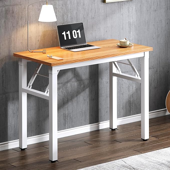 Need Small Computer Desk 31.5 inches Folding Table No Assembly Sturdy Small Writing Desk Folding Desk for Small Spaces, Teak & White AC5-8040-BW - LeafyLoom