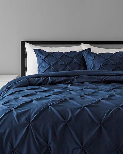Amazon Basics All-Season Down-Alternative 3 Piece Comforter Bedding Set, King, Navy Blue, Pinch Pleat With Piped Edges - LeafyLoom