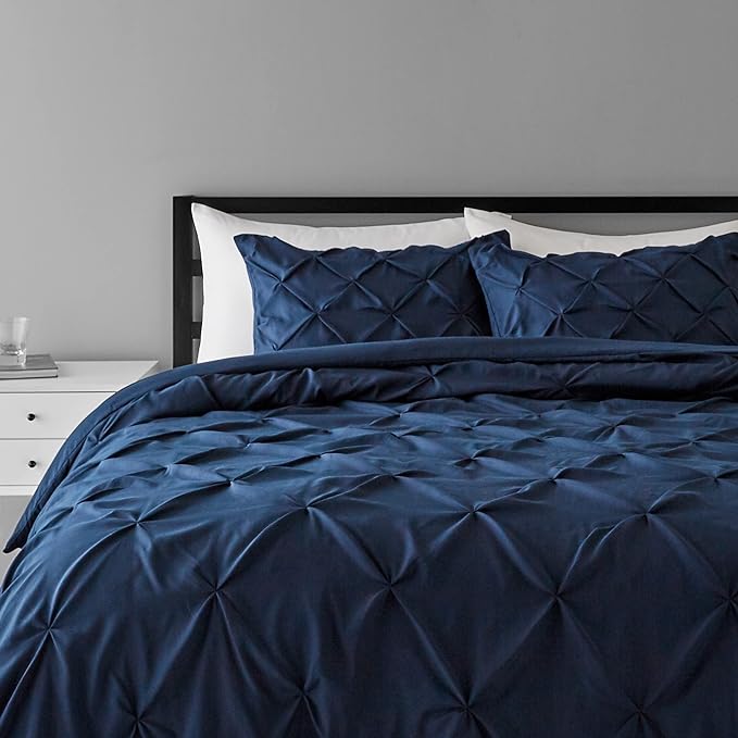 Amazon Basics All-Season Down-Alternative 3 Piece Comforter Bedding Set, King, Navy Blue, Pinch Pleat With Piped Edges - LeafyLoom