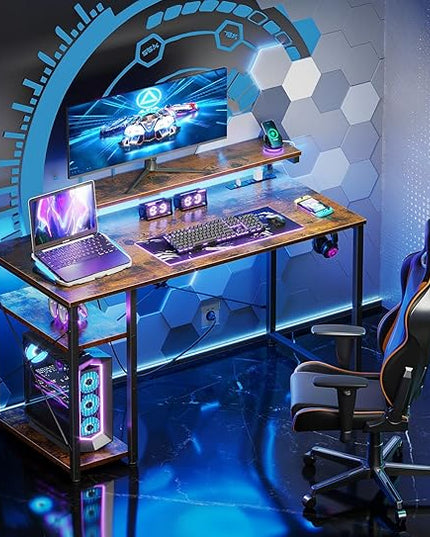 MOTPK Small Computer Desk with Led Lights & Power Outlet, 40 Inch Reversible Writing Desk with Shelves, Kids Desk with Adjustable Monitor Stand & Headphone Hook, Work Desk for Home Office, Brown - LeafyLoom