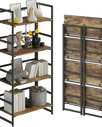 No-Assembly Folding Bookshelf Storage Shelves 4 Tiers Vintage Multifunctional Plant Flower Stand Storage Rack Shelves Bookcase for Home Office (Firestone and Black) - LeafyLoom