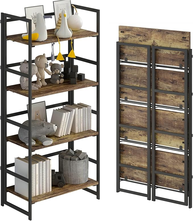 No-Assembly Folding Bookshelf Storage Shelves 4 Tiers Vintage Multifunctional Plant Flower Stand Storage Rack Shelves Bookcase for Home Office (Firestone and Black) - LeafyLoom