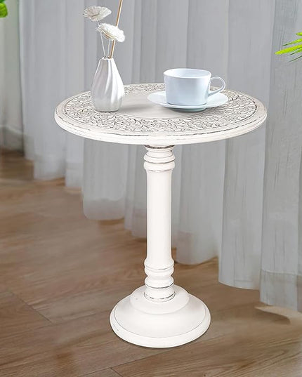 Side Table,Round End Table,Small Table,Side Tables Living Room,End Table,Round Side Table,Altar Table, Carved Side Table,Wood Accent Table,Carved Wood Table Single Pillar 18x22 inch White Antique - LeafyLoom