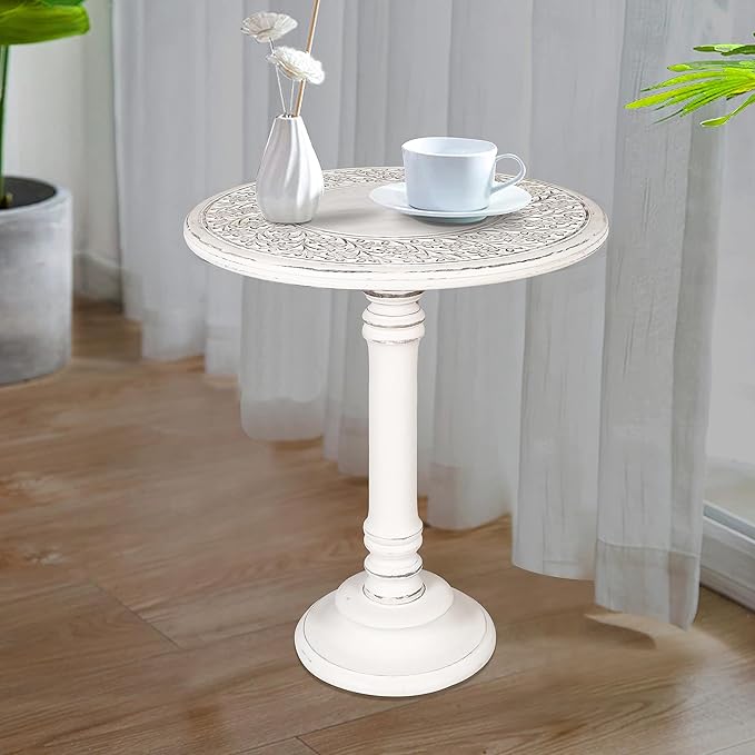 Side Table,Round End Table,Small Table,Side Tables Living Room,End Table,Round Side Table,Altar Table, Carved Side Table,Wood Accent Table,Carved Wood Table Single Pillar 18x22 inch White Antique - LeafyLoom