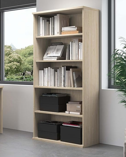 Bush Business Furniture Studio C Tall 5 Shelf Bookcase in Natural Elm, Large Bookshelf for Home or Professional Office - LeafyLoom