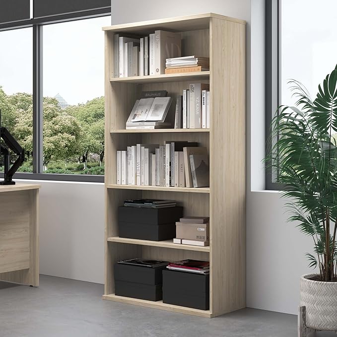 Bush Business Furniture Studio C Tall 5 Shelf Bookcase in Natural Elm, Large Bookshelf for Home or Professional Office - LeafyLoom