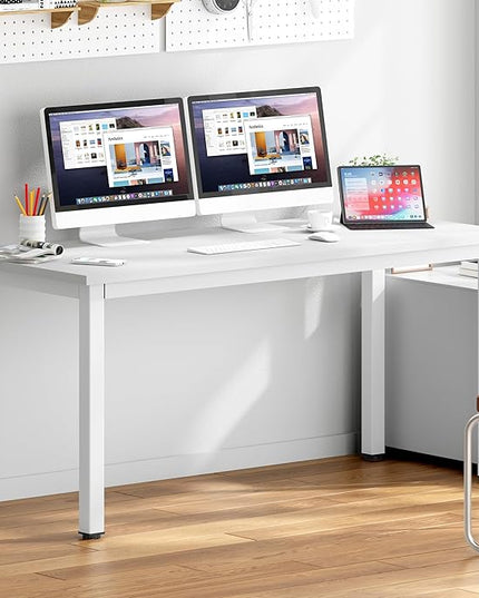 DlandHome 63 inches X-Large Computer Desk, Composite Wood Board School Desk, Decent and Steady Home Office Desk/Workstation/Table, BS1-160WW, White and White Legs, 1 Pack - LeafyLoom