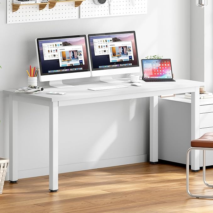 DlandHome 63 inches X-Large Computer Desk, Composite Wood Board School Desk, Decent and Steady Home Office Desk/Workstation/Table, BS1-160WW, White and White Legs, 1 Pack - LeafyLoom