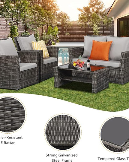 Solaste 4 Piece Patio Outdoor Furniture Sets,Patio Conversation Sofa Wicker Chair with Cushion,Hand Woven Rattan Sofa for Porch Backyard Outside Garden Lawn Yard,Grey - LeafyLoom