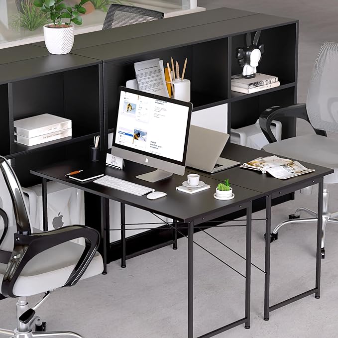 HealSmart Home Office Computer Desk, Modern Style Design with Headphone Hooks for Working, Writing and Gaming, 32 Inch, 47 Inches, Black - LeafyLoom