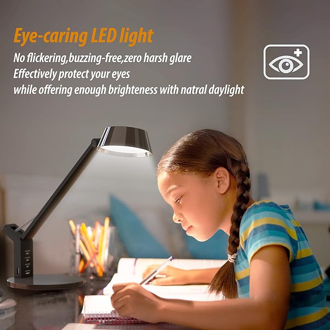 LED Desk Lamp with USB Charging Port, Home Office Desk Lamp Touch Control Dimmable Table Lamp with 3 Color Modes, Eye Caring LED Lamp for Study, Reading, Work (Copper) - LeafyLoom