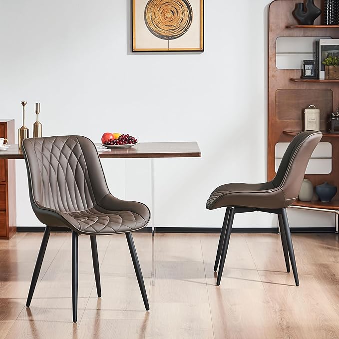 YOUNIKE Brown Dining Chairs set of 2 with High Backs Mid Century Modern Kitchen & Dining Room Chairs PU Faux Leather Upholstered sillas de comedor Comfortable Large Padded Accent Chair with Metal Legs - LeafyLoom