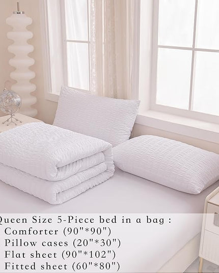 Seersucker Light White Bed Comforter Sets Queen Size for Women Boho White Seersucker Bedding Set 5 Pieces-Microfiber Lightweight Soft Bed Set for All Season,Queen - LeafyLoom