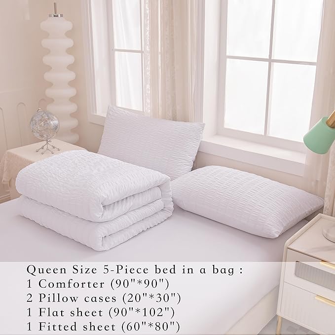 Seersucker Light White Bed Comforter Sets Queen Size for Women Boho White Seersucker Bedding Set 5 Pieces-Microfiber Lightweight Soft Bed Set for All Season,Queen - LeafyLoom
