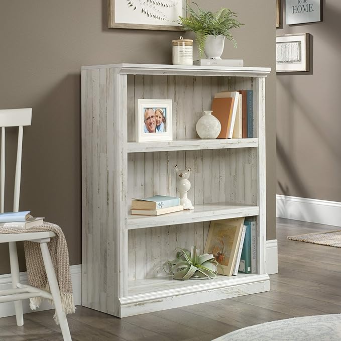 Sauder Tall 75" Bookcase with Cubby Storage & 3-Shelf Bookcase, White Plank Finish - LeafyLoom