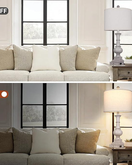 26" Farmhouse Table Lamps Set of 2, Rustic Touch Control Bedside Lamps with 2 USB Ports & AC Outlet, Vintage Resin 3-Way Dimmable Nightstand Lamp Linen Fabric Shade for Living Room Bedroom Decor Gray - LeafyLoom