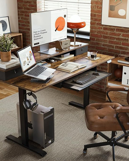 Electric Standing Desk with 2 Drawers and Keyboard Tray, 48 x 24 Inches Ergonomic Adjustable Height Desk with Storage, Sit Stand Computer Workstation, Rustic Brown - LeafyLoom