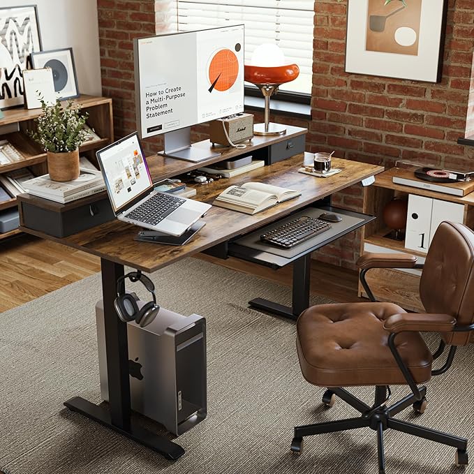 Electric Standing Desk with 2 Drawers and Keyboard Tray, 48 x 24 Inches Ergonomic Adjustable Height Desk with Storage, Sit Stand Computer Workstation, Rustic Brown - LeafyLoom