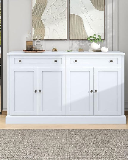 60" Sideboard Storage Buffet Cabinet with 2 Drawers,Wooden Console Table,W/ 4 Doors,Adjustable Shelves,Not Easy to Deform,for Dining Room/Kitchen/Entryway,White - LeafyLoom